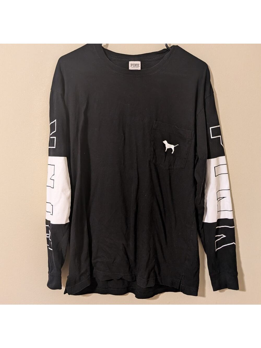 Victoria Secret PINK Black Long SLeeve Shirt With PINK On the Arms And Dog Logo